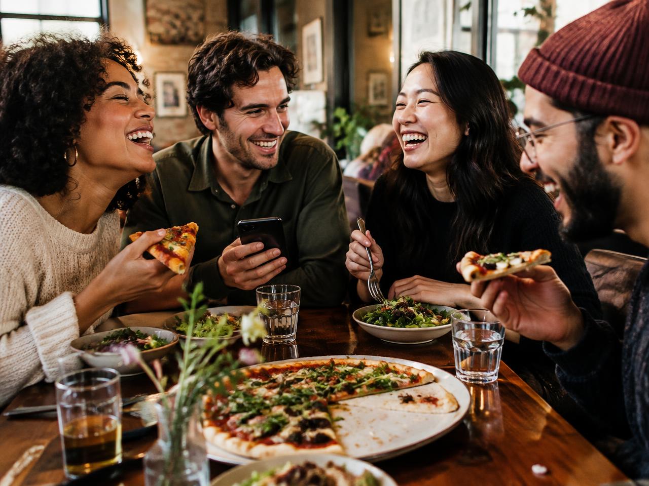 Friends laughing over pizza and salads at a restaurant